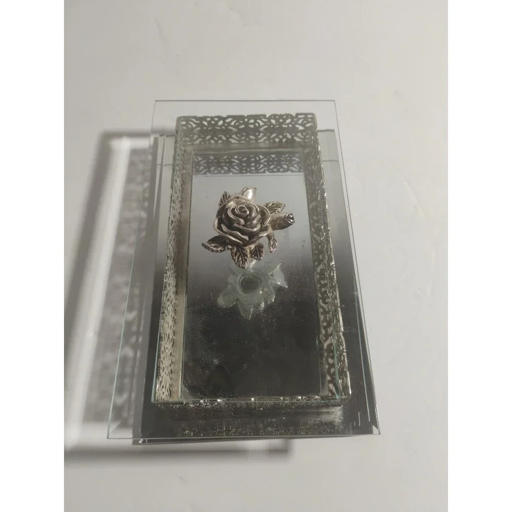 Vintage Studio Silversmiths Rose Filigree Beveled Glass Mirrored Jewelry Box